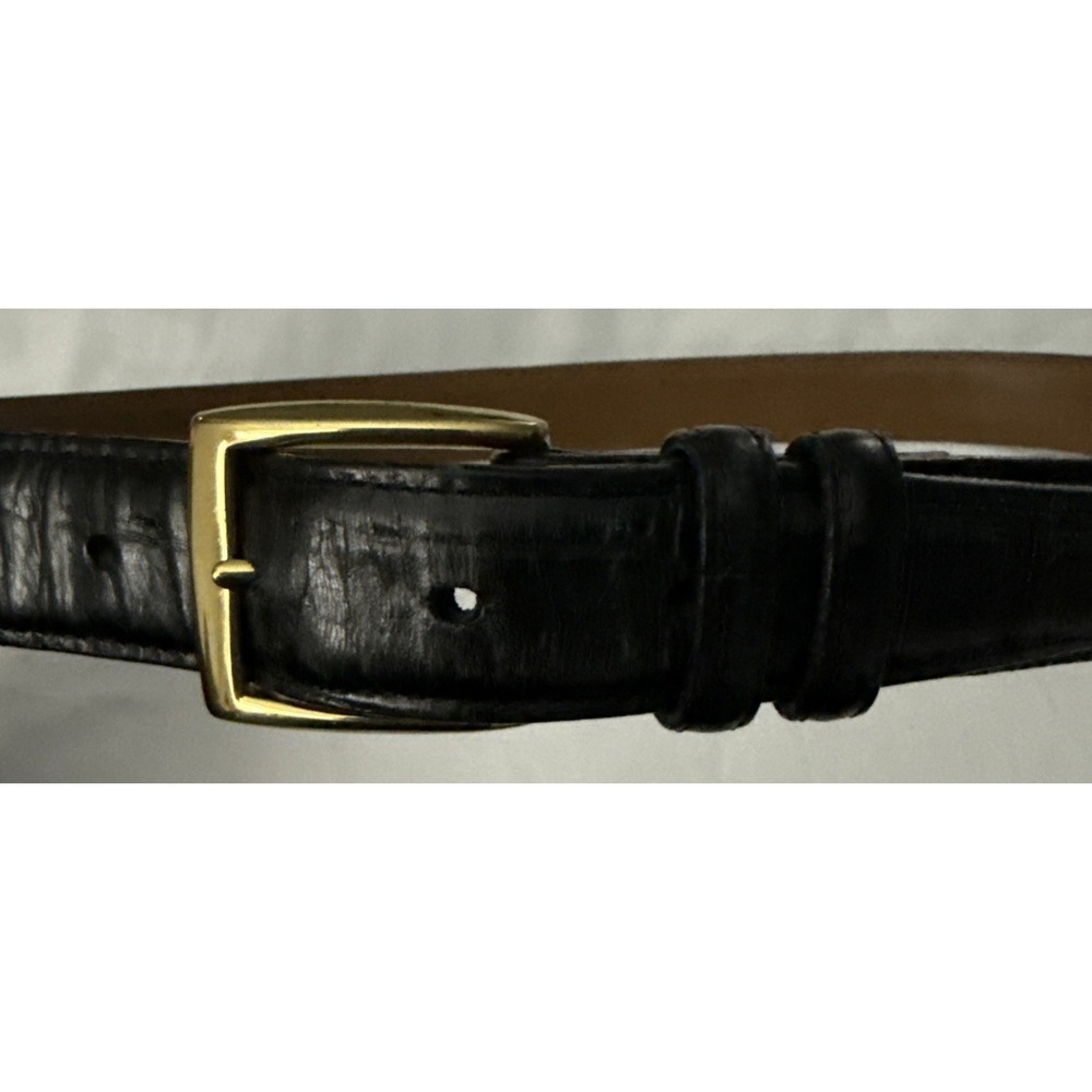 VTG Brighton Black Leather Belt Solid Brass Buckle Cowhide USA Handcrafted Small